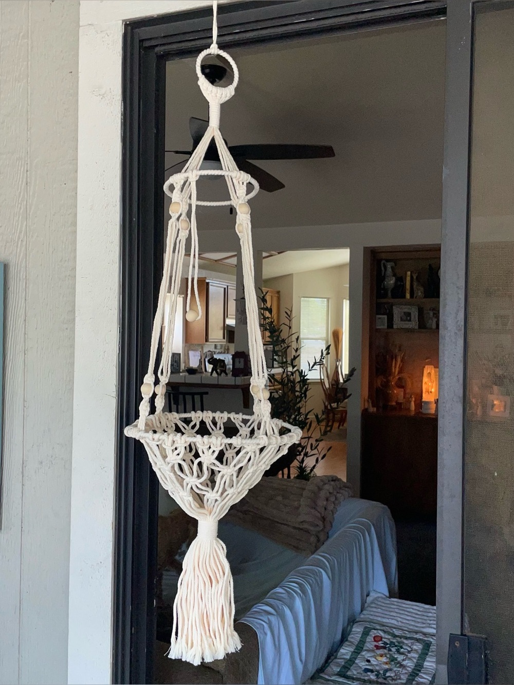 New, Beige 70’s Retro Cotton Macrame W/Bamboo Wood Beads,Hanging Rope Basket 16”